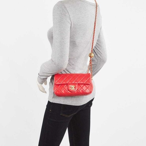 Chanel Red Quilted Lambskin Leather Pearl Crush Rectangular Mini Flap Bag - Picture 3 of 10